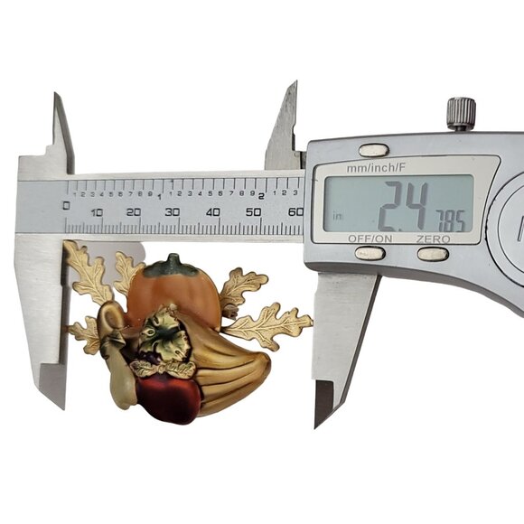 Gold Tone Red Orange Enamel Cornucopia Autumn Pumpkin Leaf Pin Brooch K121 - Picture 7 of 9